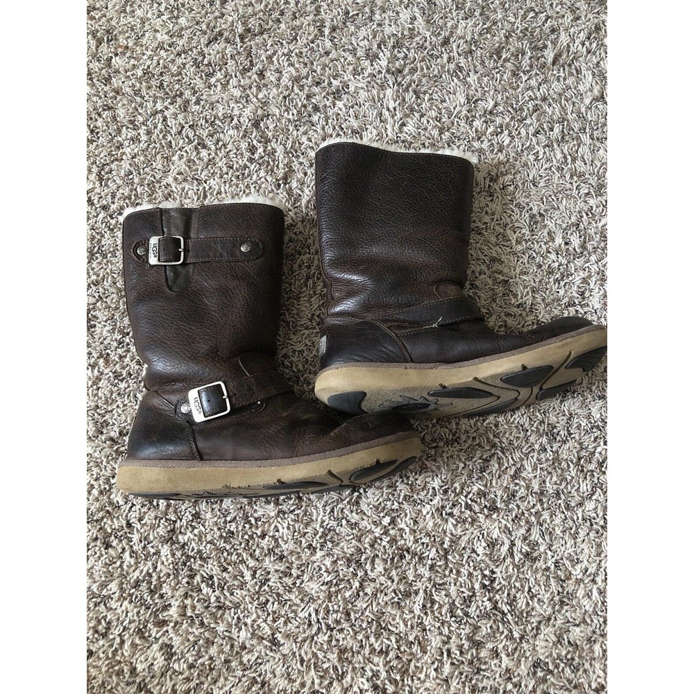 UGG Australia Women's Sutter Brown Leather Moto Buckle Snow Boots Size 8 Sheep